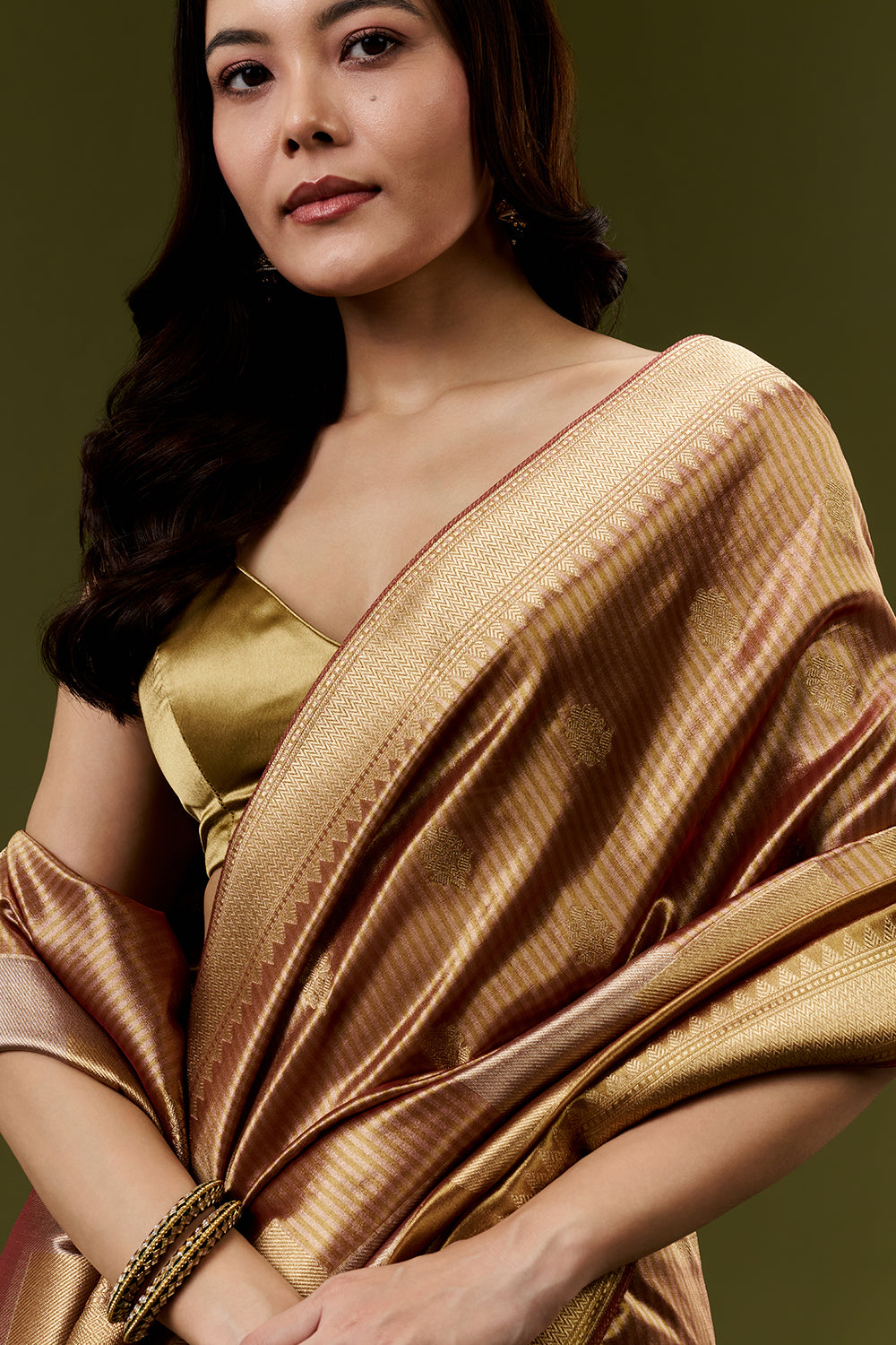 Copper Golden Banarasi Silk Woven Saree with Hand Work