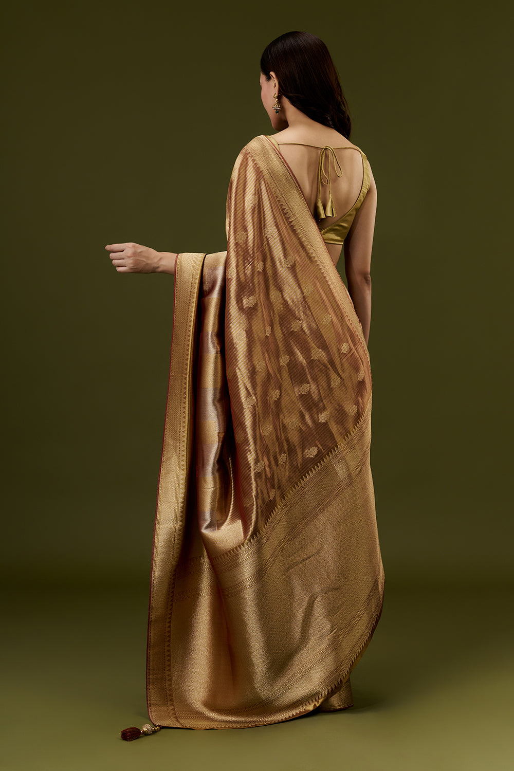 Copper Golden Banarasi Silk Woven Saree with Hand Work