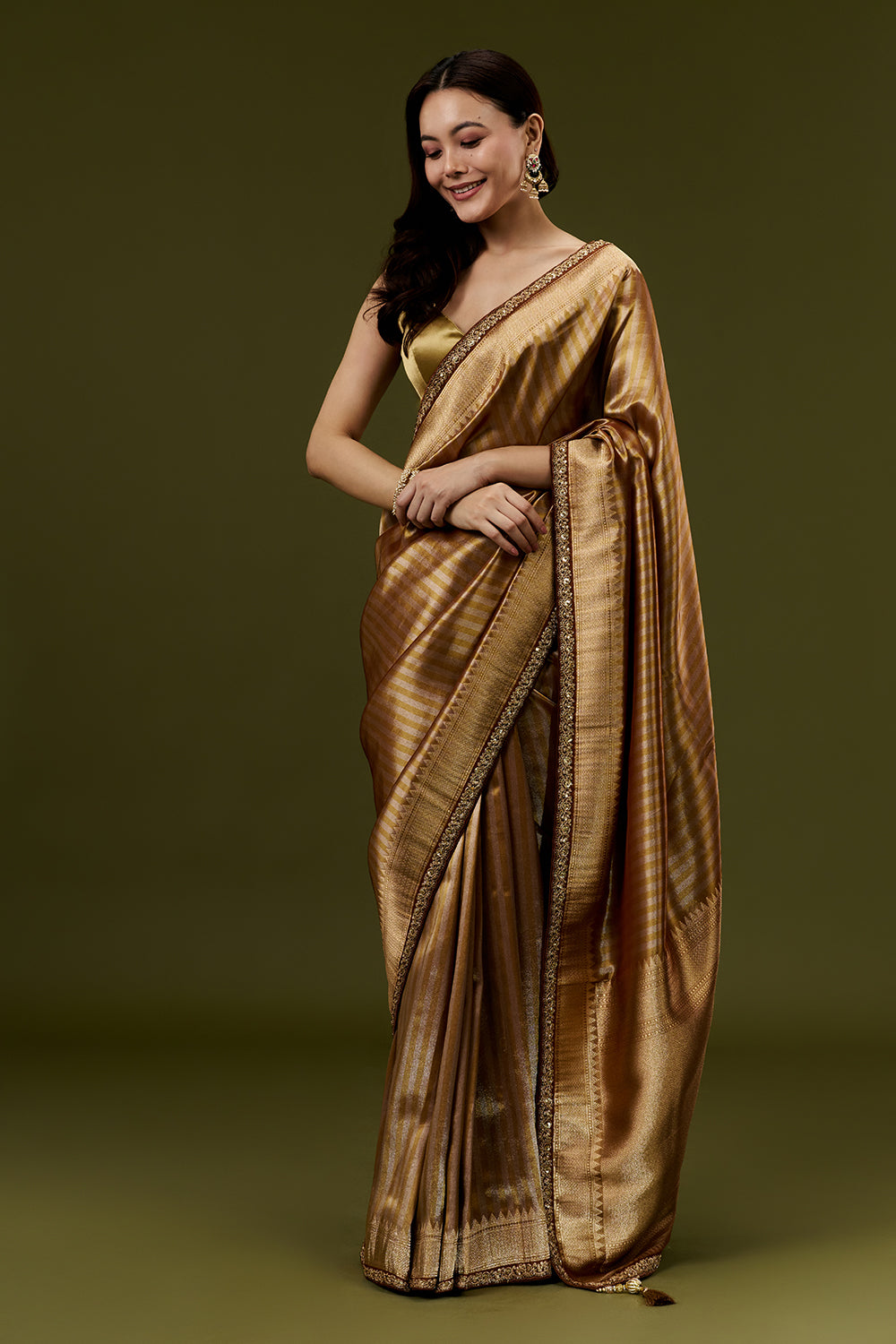 Copper Golden Banarasi Silk Woven Saree with Zari Embroidery
