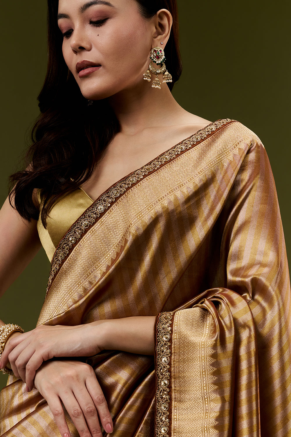 Copper Golden Banarasi Silk Woven Saree with Zari Embroidery