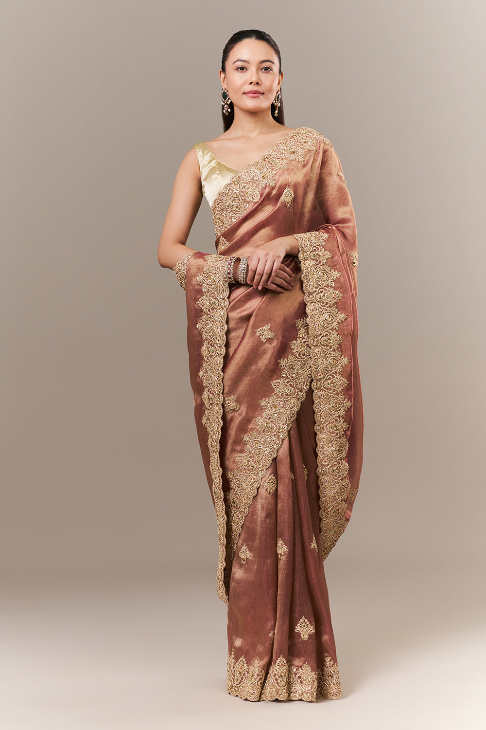 Copper Golden Coloured Tissue Silk Saree with Zari and Sequin Work