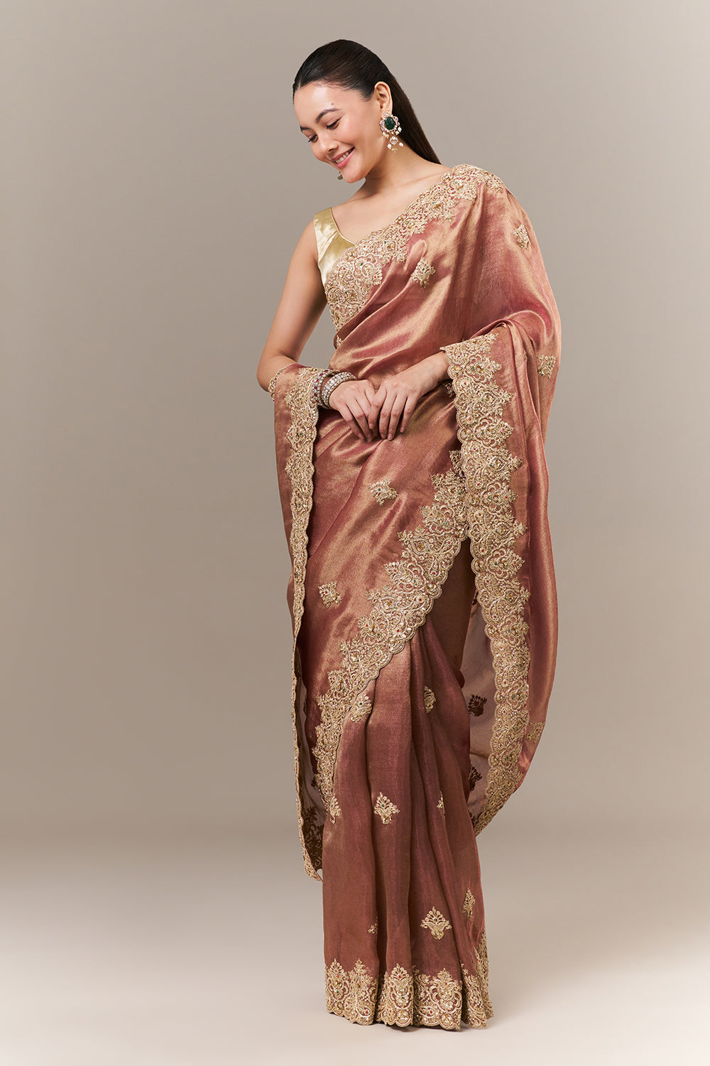 Copper Golden Coloured Tissue Silk Saree with Zari and Sequin Work