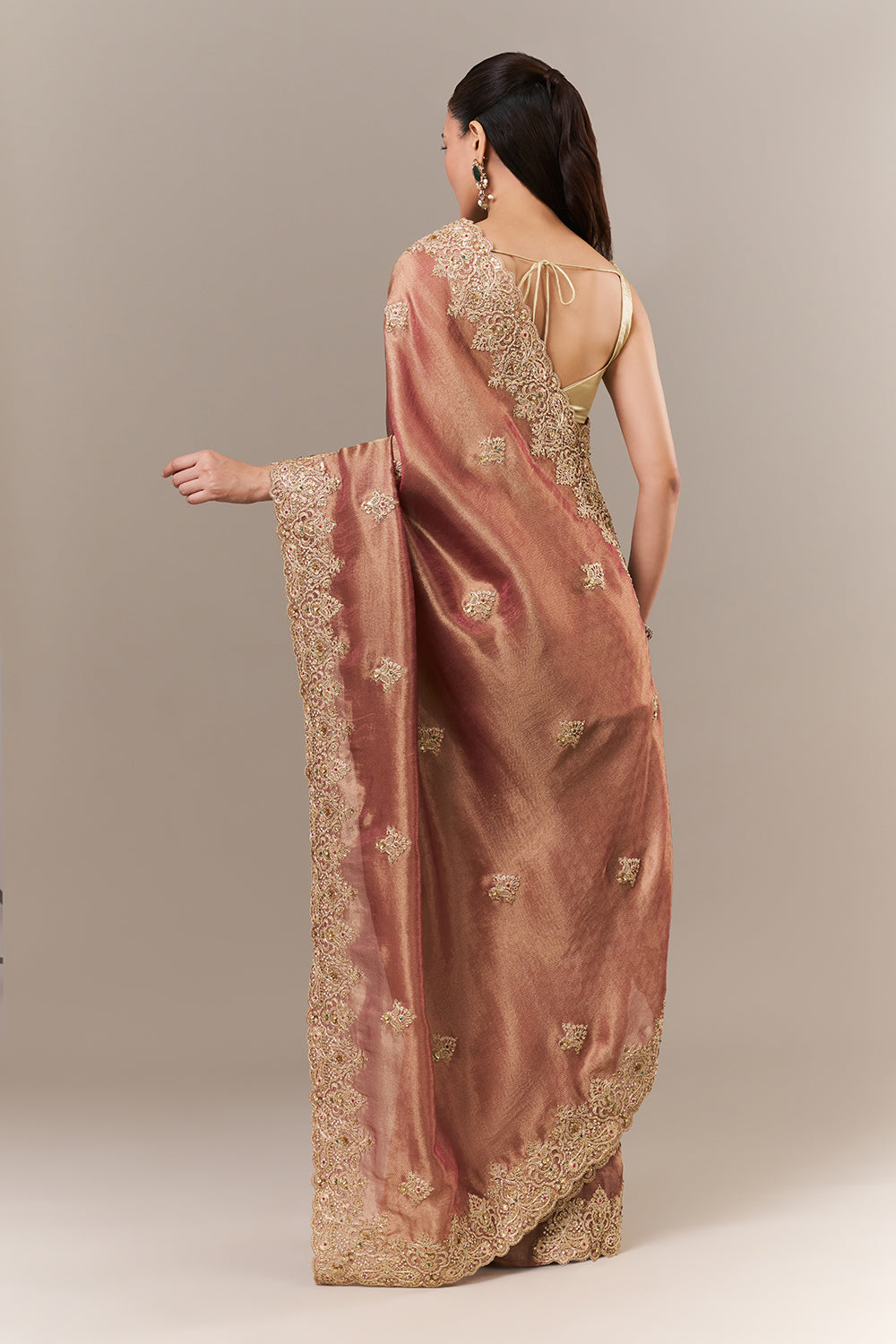 Copper Golden Coloured Tissue Silk Saree with Zari and Sequin Work