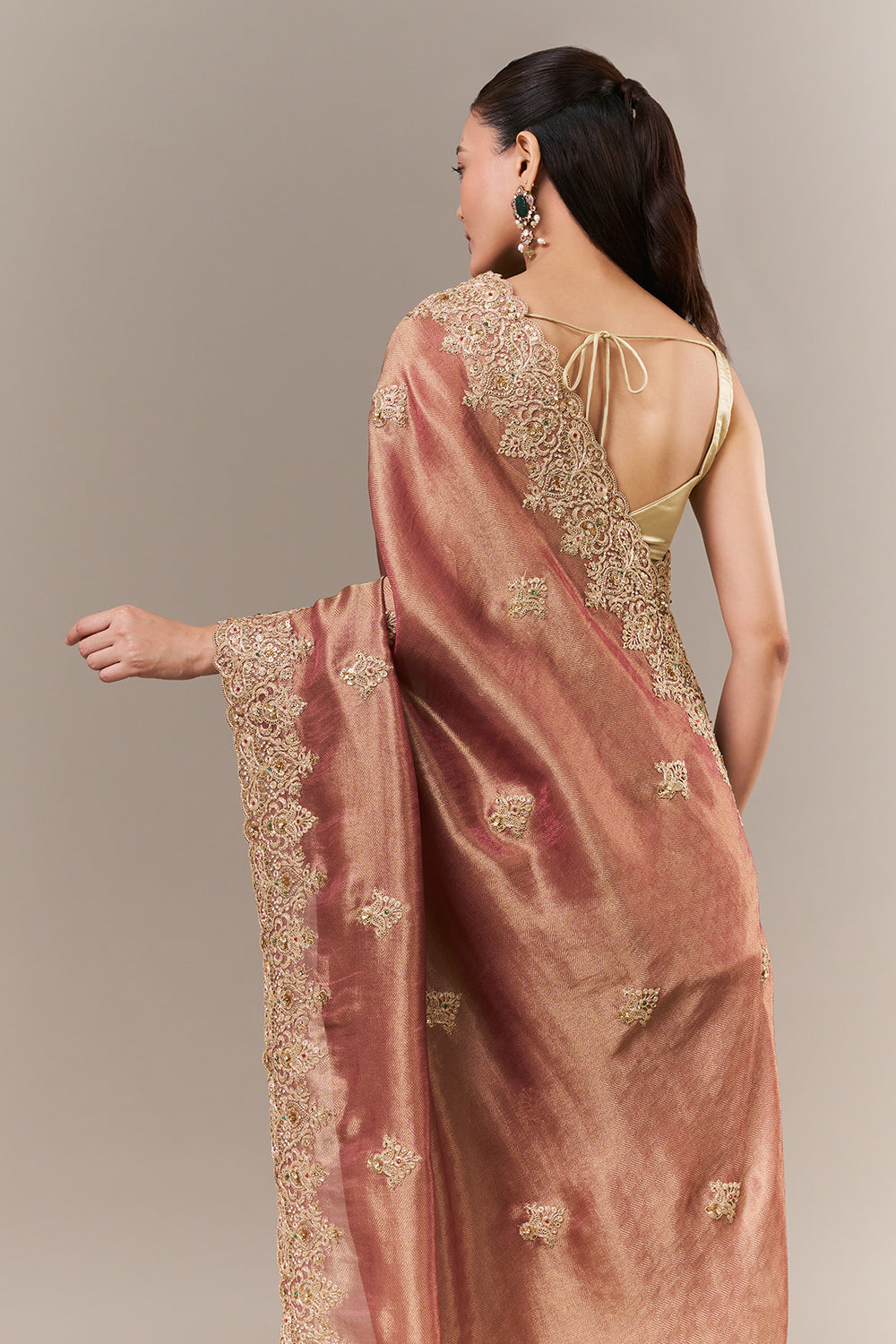 Copper Golden Coloured Tissue Silk Saree with Zari and Sequin Work