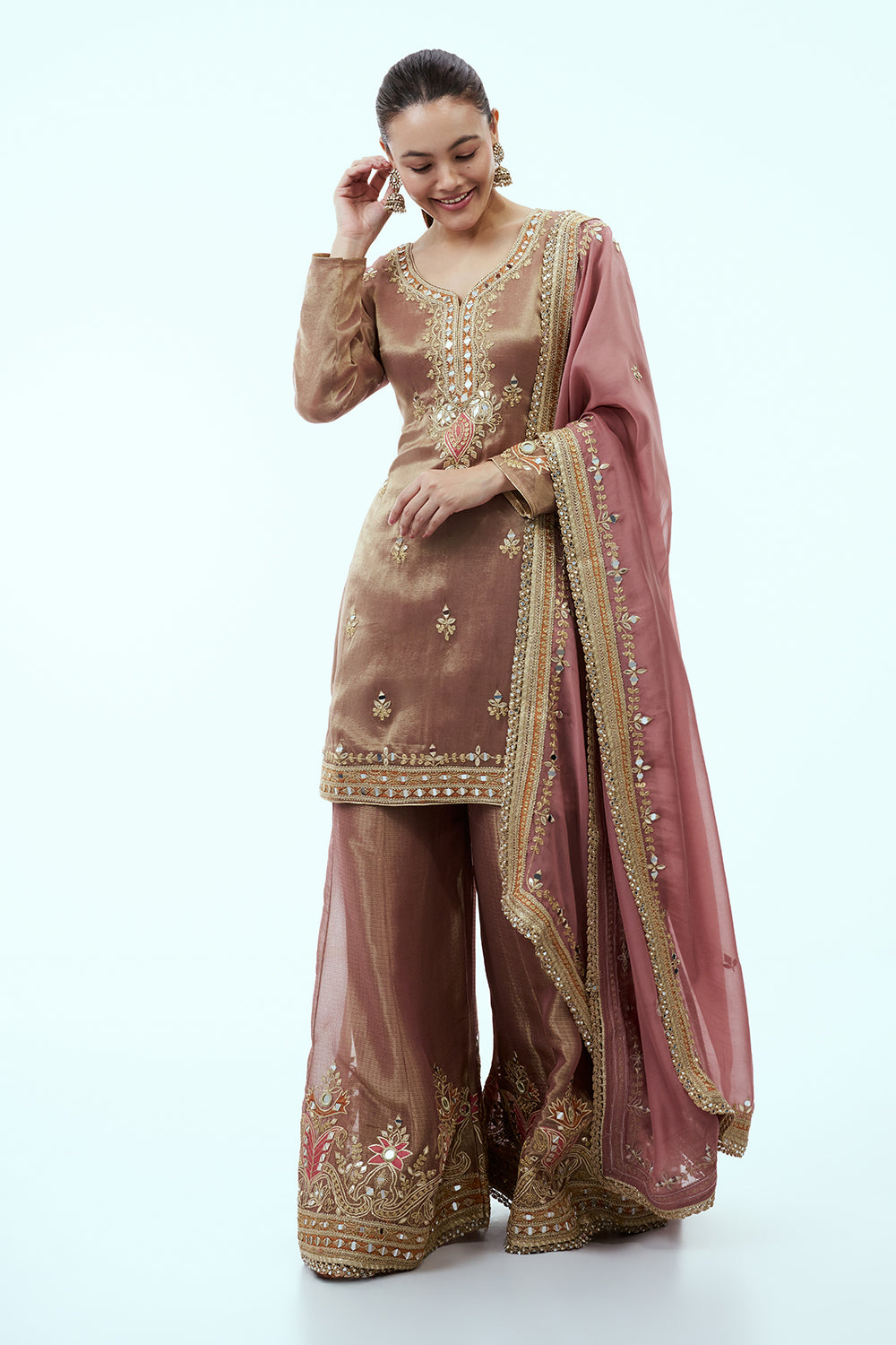 Copper Tissue Palazzo Set with Mirror Work and Pink Dupatta