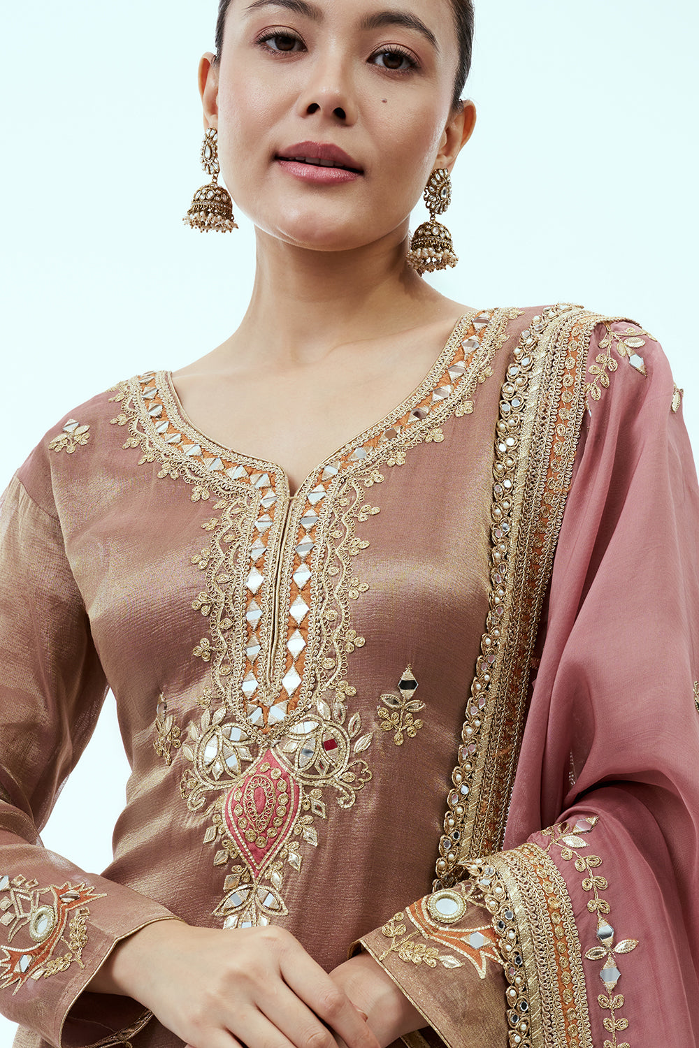 Copper Tissue Palazzo Set with Mirror Work and Pink Dupatta