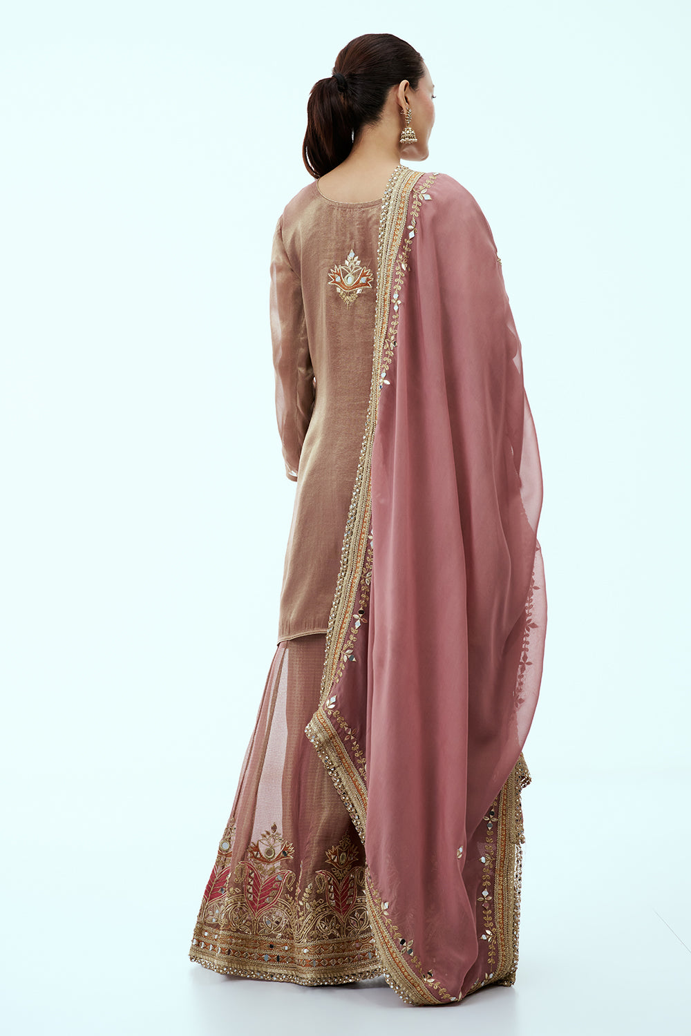 Copper Tissue Palazzo Set with Mirror Work and Pink Dupatta