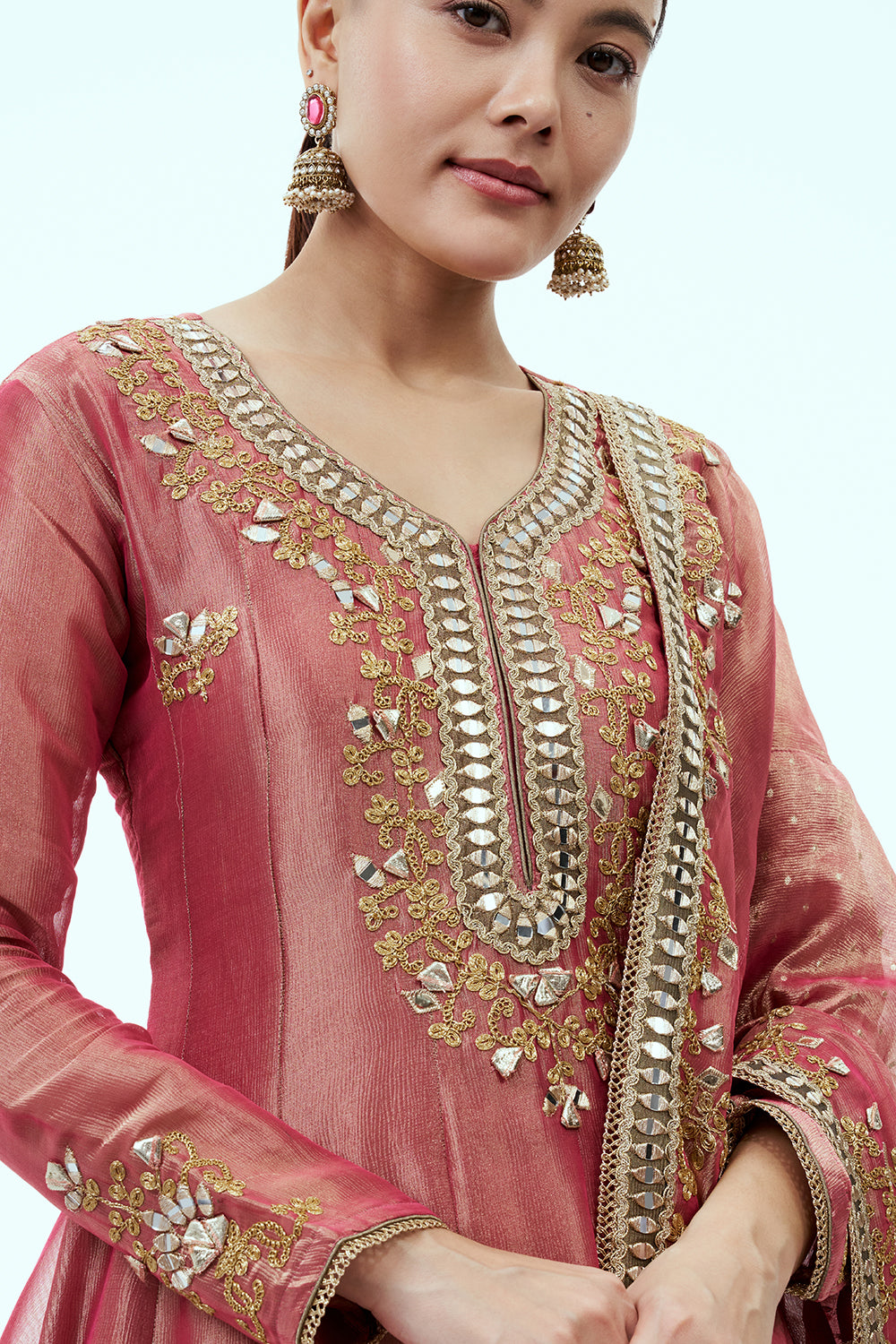 Coral Pink Tissue Anarkali Set with Mirror Work