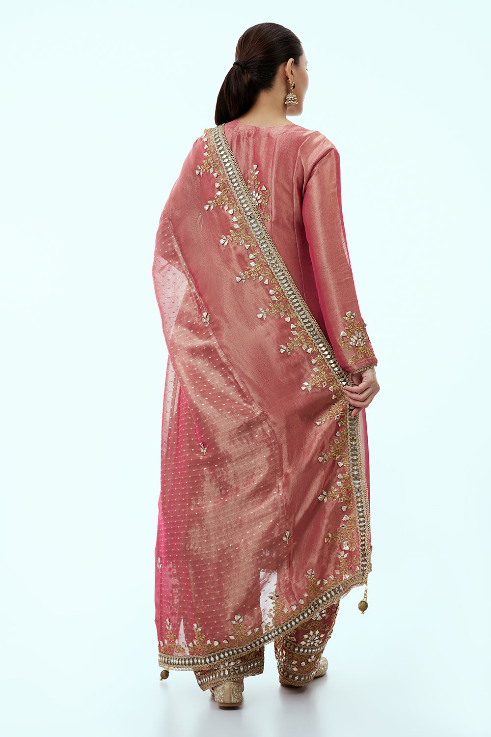 Coral Pink Tissue Anarkali Set with Mirror Work