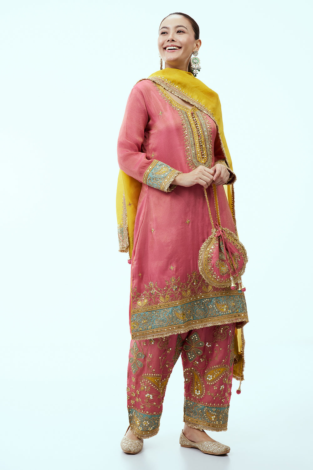 Coral Pink Tissue Kurta Set with Zari Embroidery and Yellow Dupatta