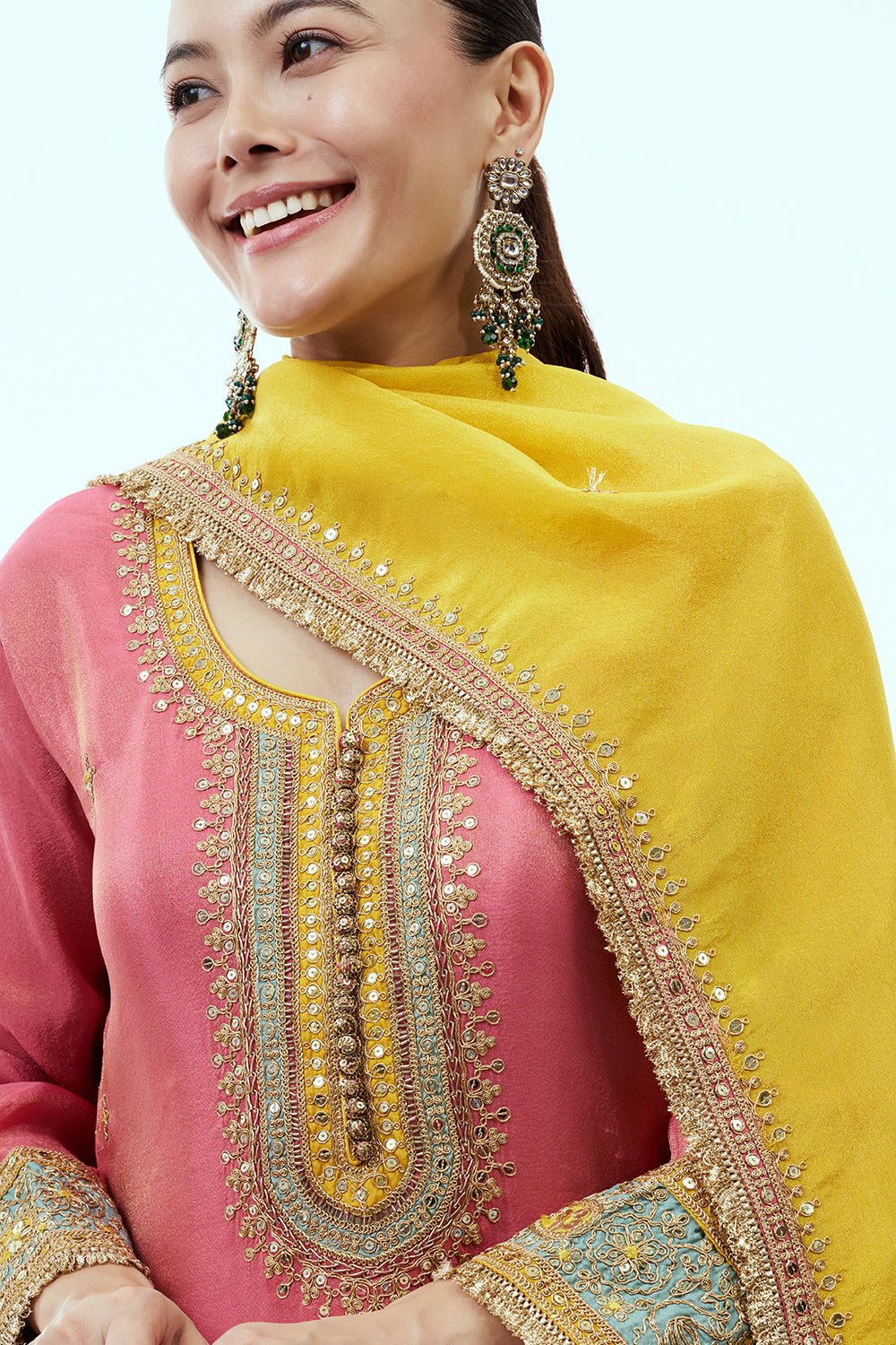 Coral Pink Tissue Kurta Set with Zari Embroidery and Yellow Dupatta