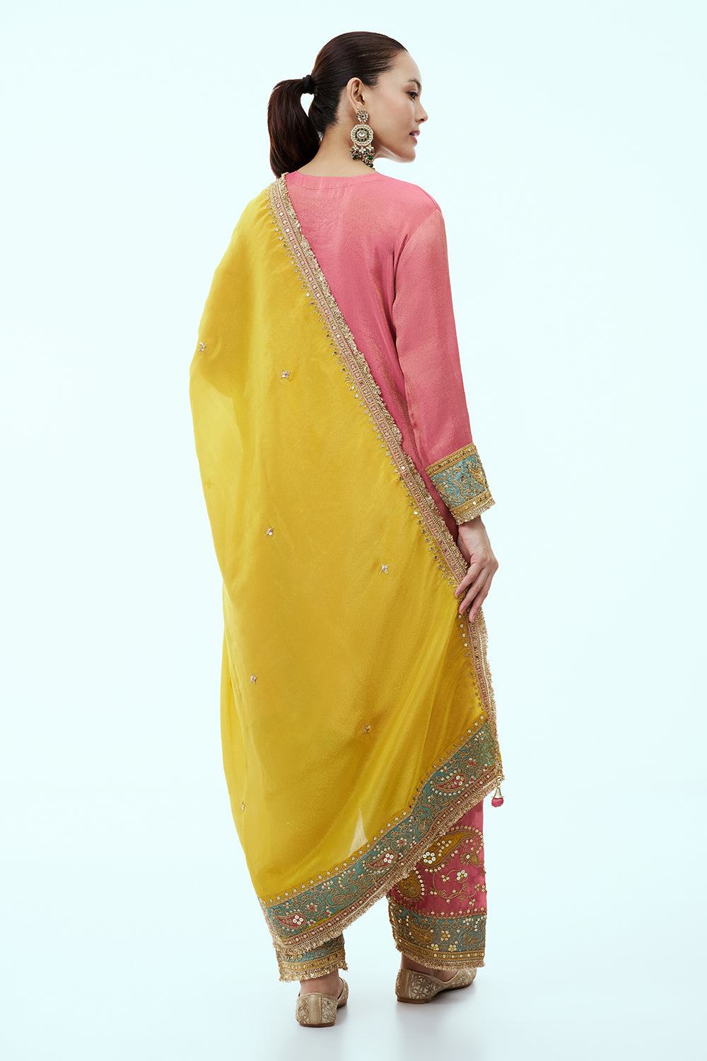 Coral Pink Tissue Kurta Set with Zari Embroidery and Yellow Dupatta