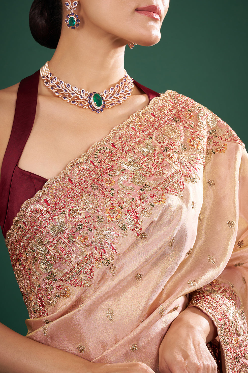Coral Pink Tissue Saree with Zari Embroidery and Unstitched Blouse