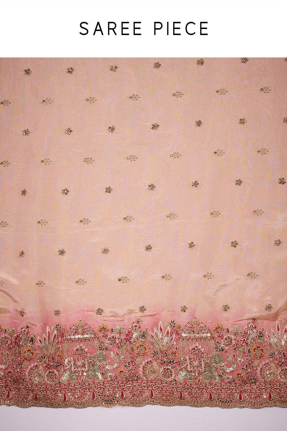 Coral Pink Tissue Saree with Zari Embroidery and Unstitched Blouse