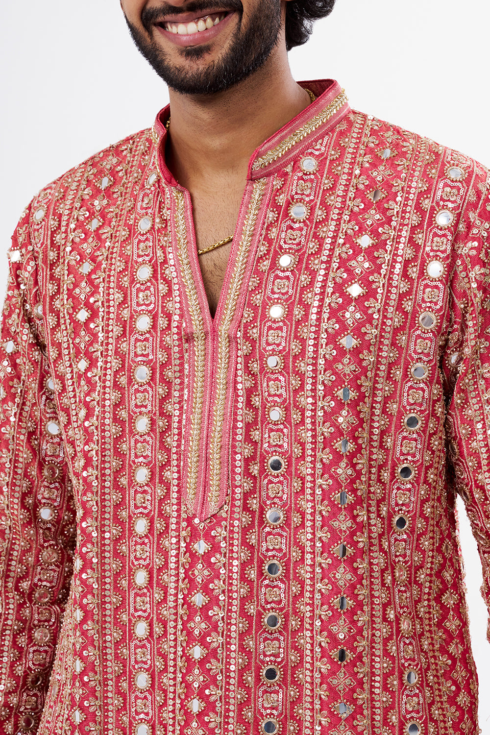 Coral Pink Tissue Silk Men's Kurta Set with Mirror Work