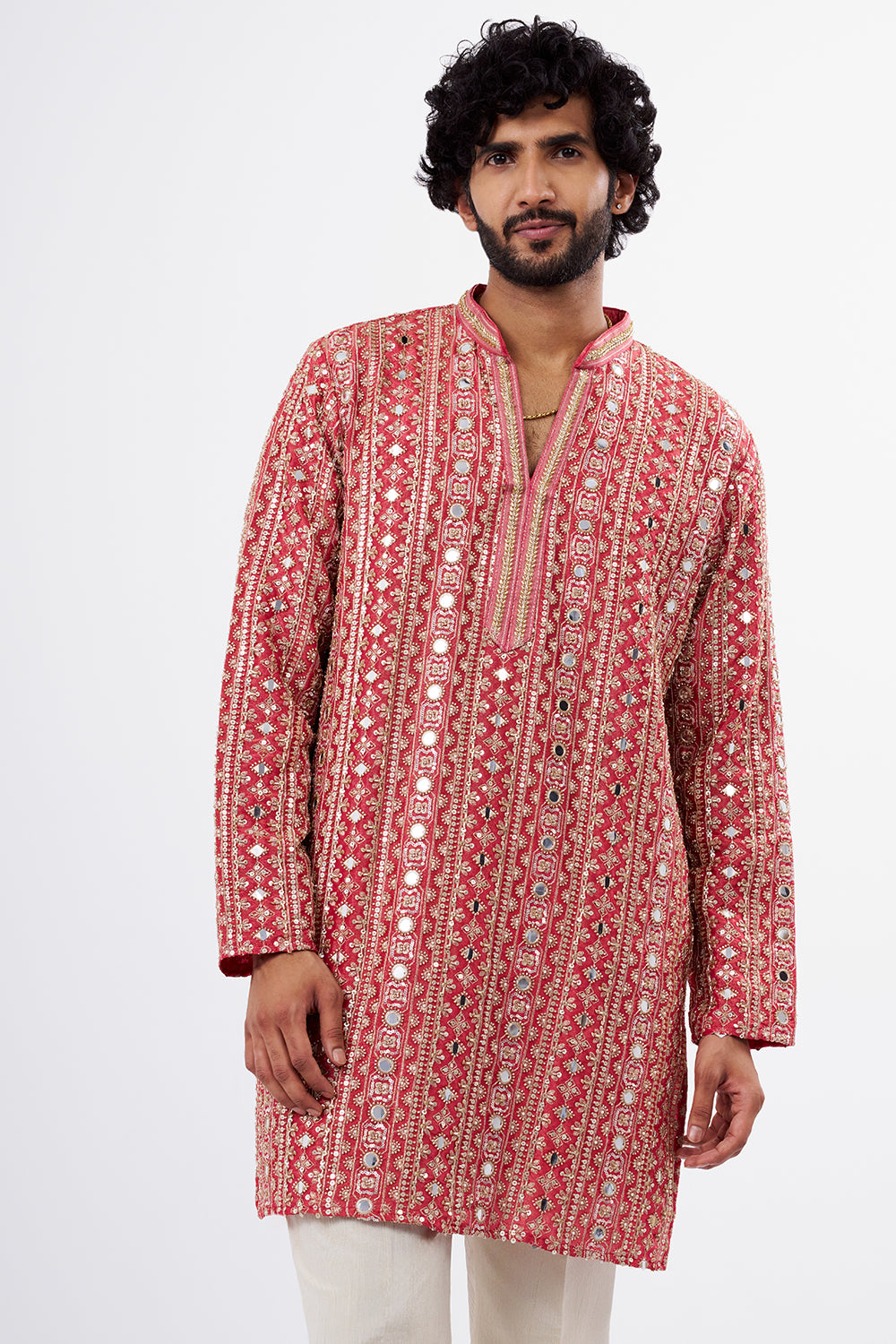 Coral Pink Tissue Silk Men's Kurta Set with Mirror Work