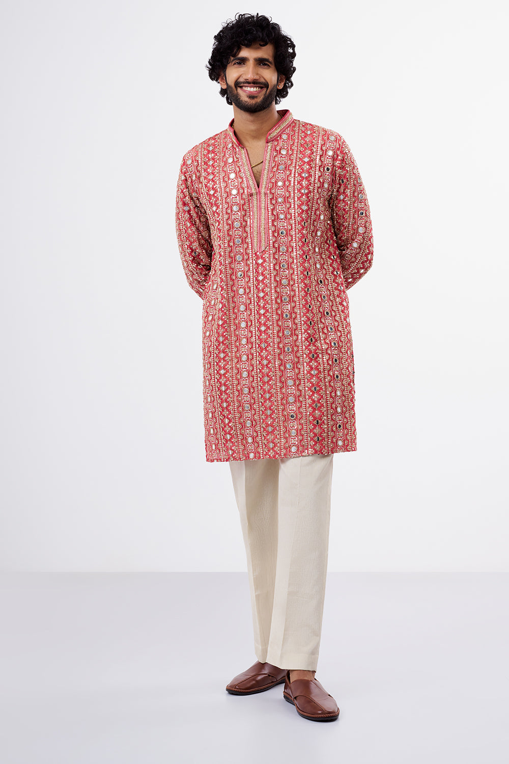 Coral Pink Tissue Silk Men's Kurta Set with Mirror Work