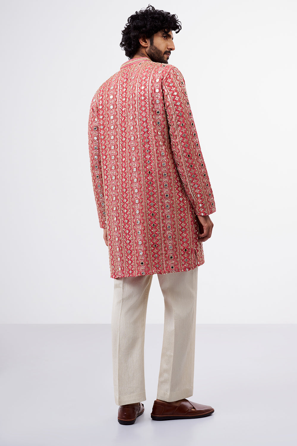 Coral Pink Tissue Silk Men's Kurta Set with Mirror Work