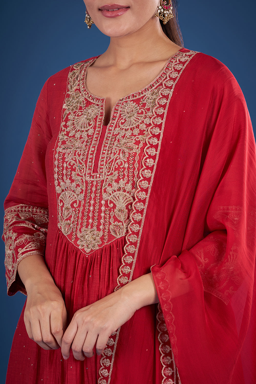 Coral Red Muslin Kurta Set with Zari Embroidery