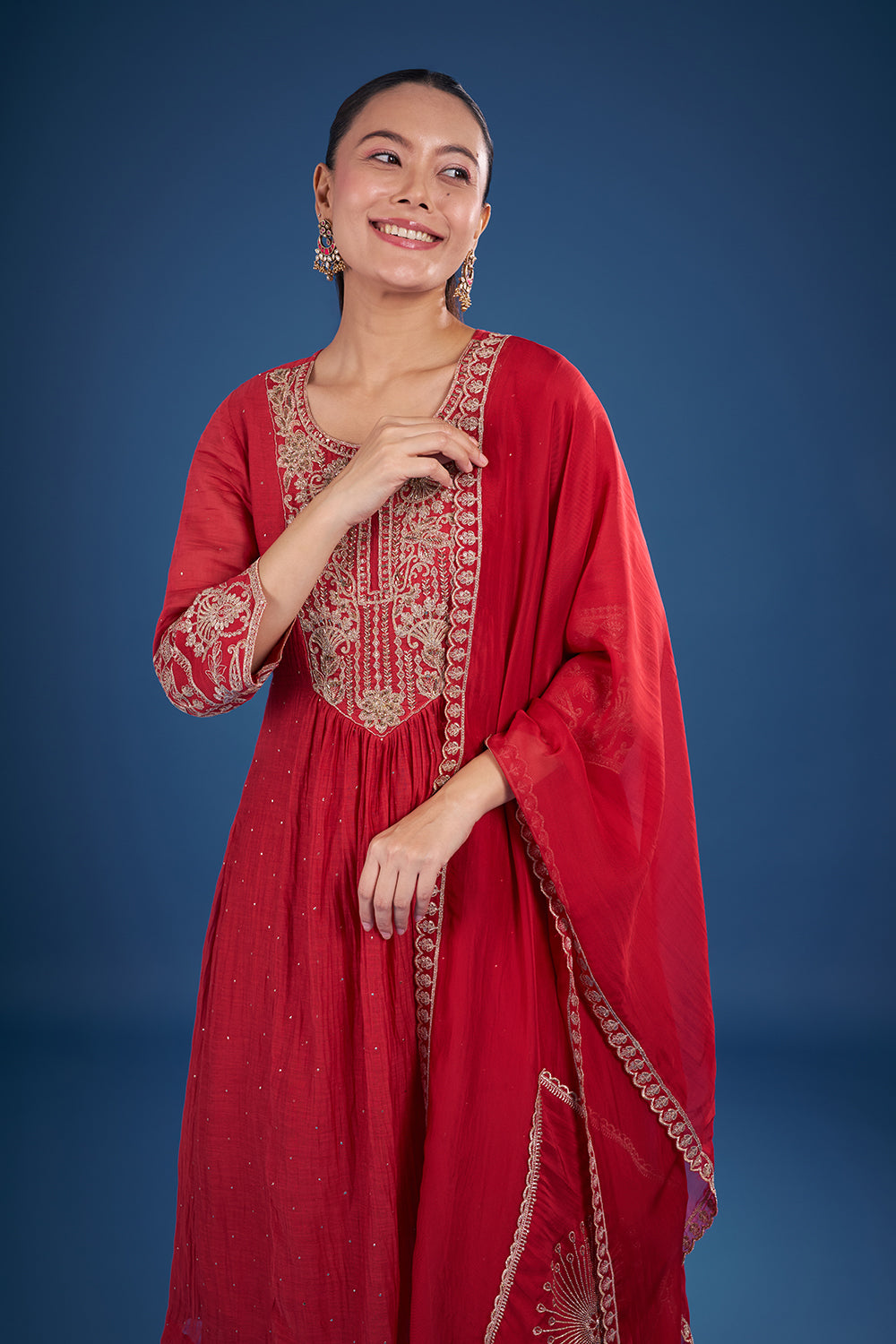 Coral Red Muslin Kurta Set with Zari Embroidery