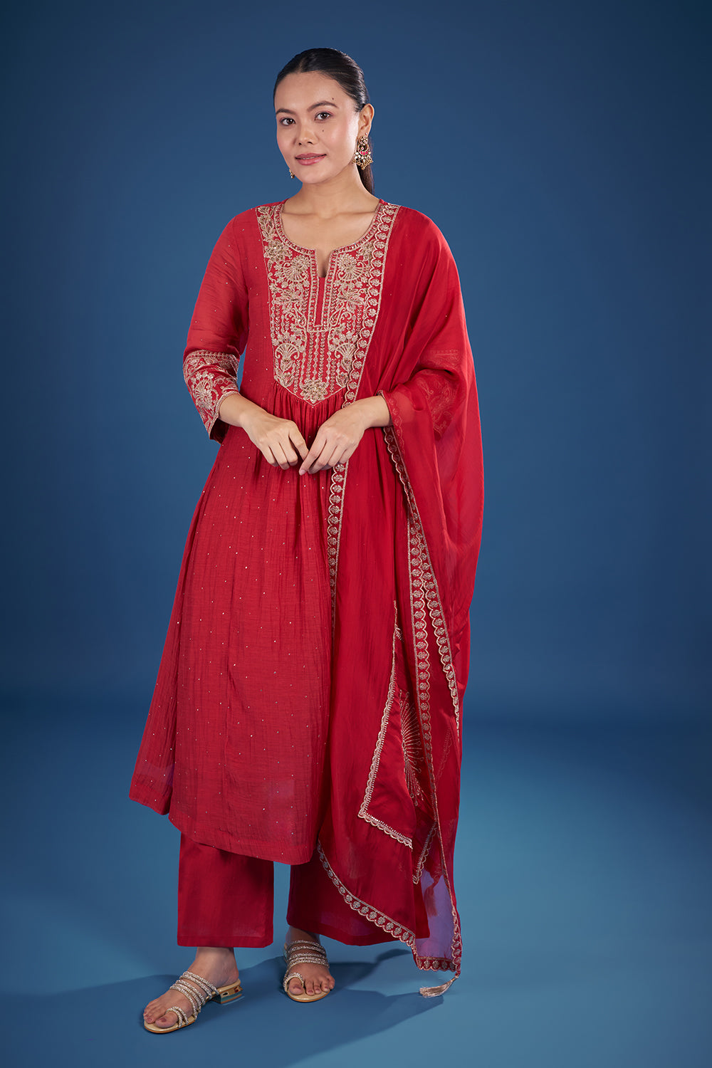 Coral Red Muslin Kurta Set with Zari Embroidery