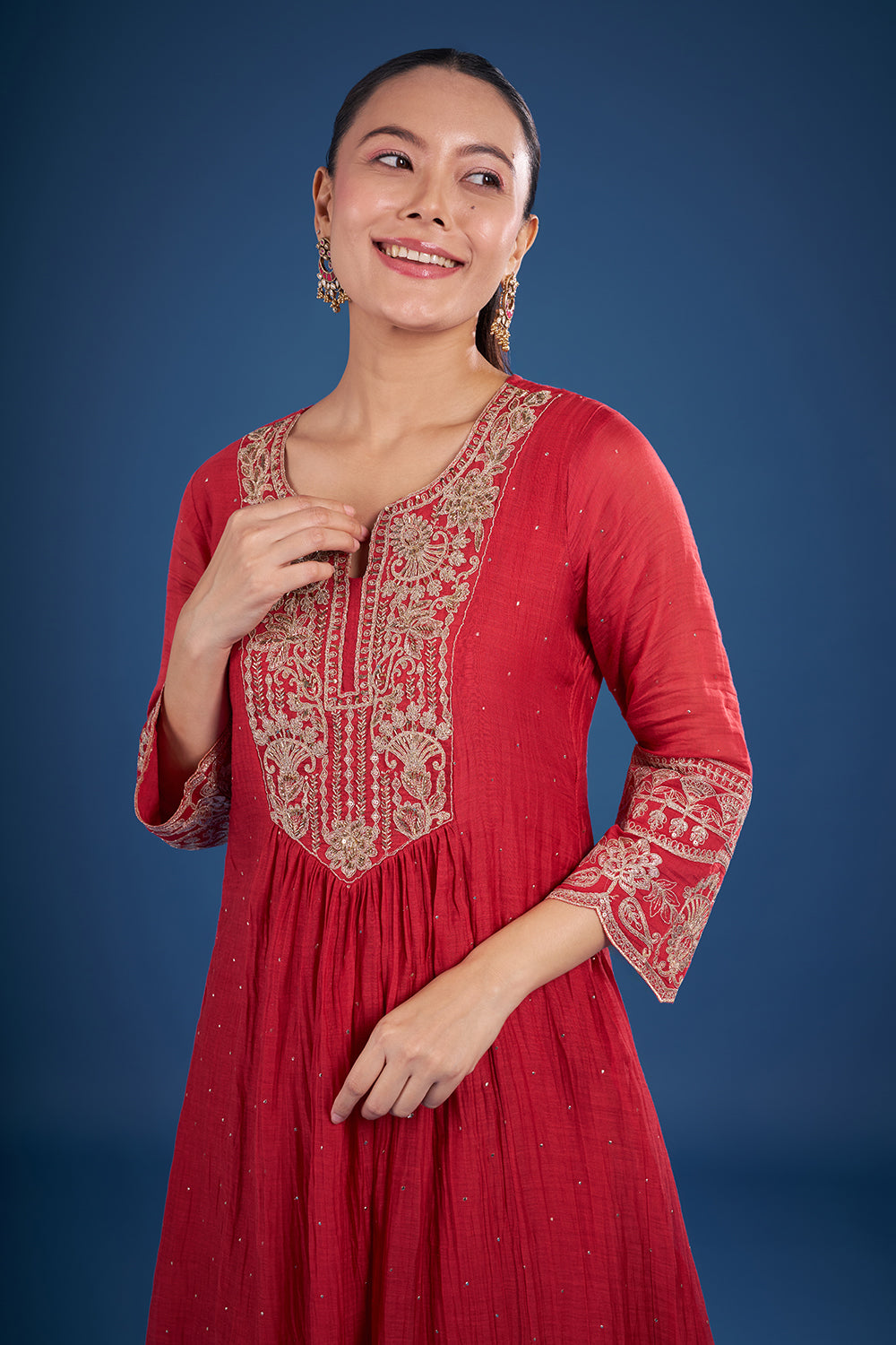 Coral Red Muslin Kurta Set with Zari Embroidery