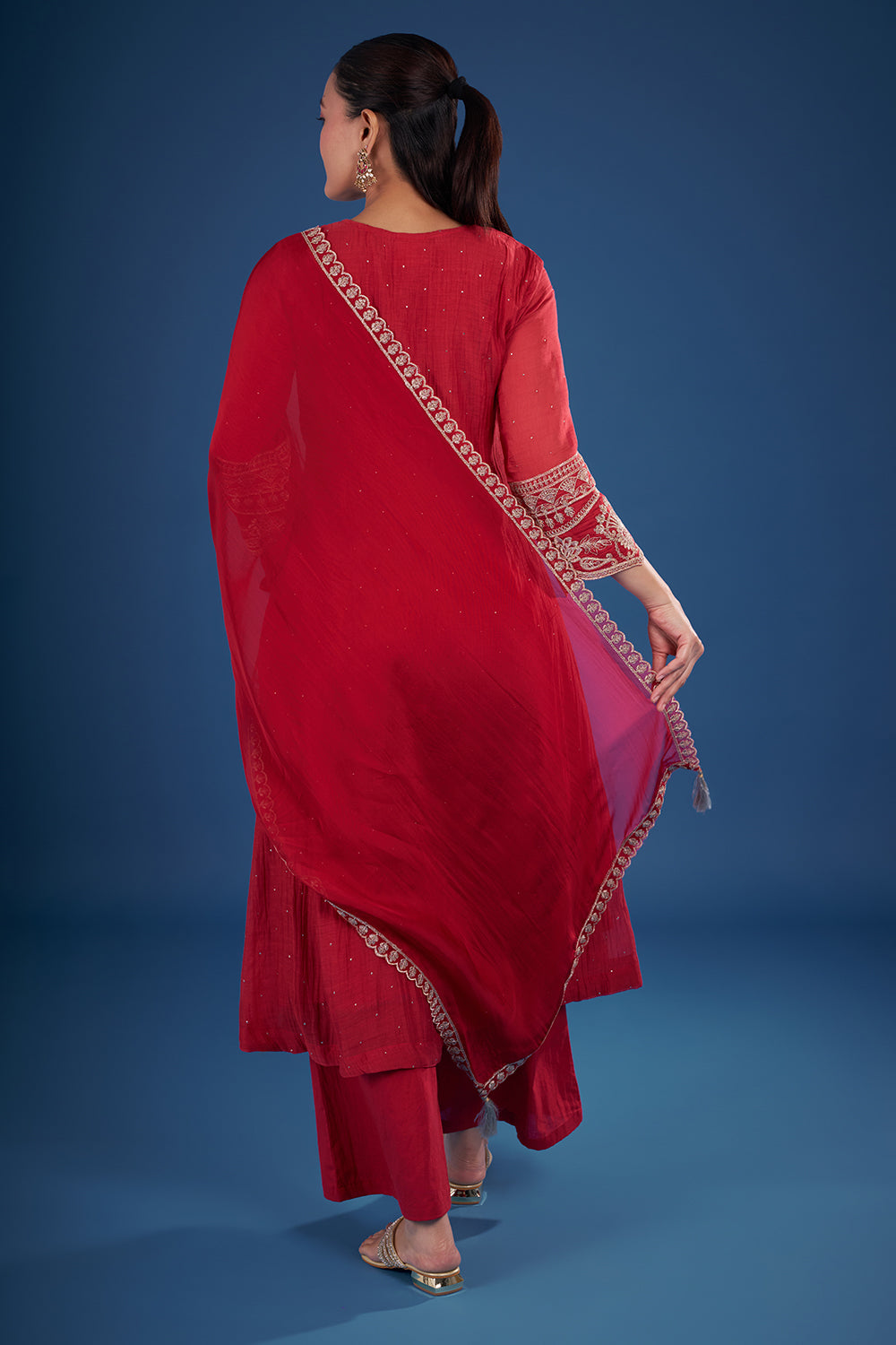 Coral Red Muslin Kurta Set with Zari Embroidery