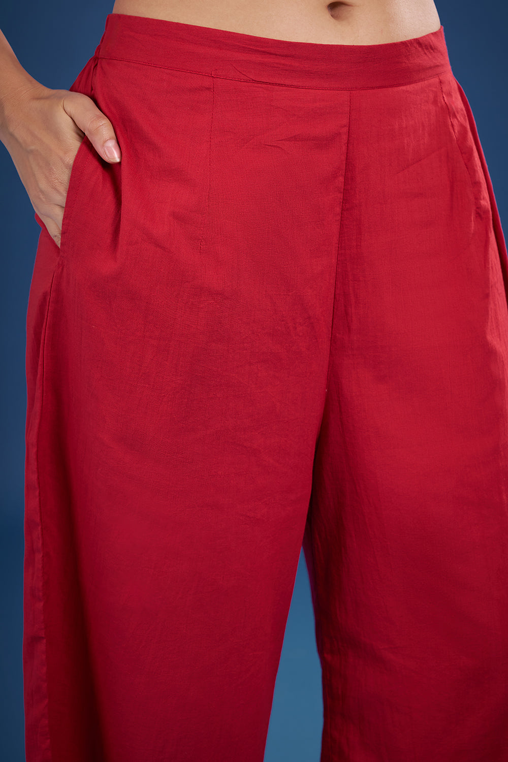 Coral Red Muslin Kurta Set with Zari Embroidery