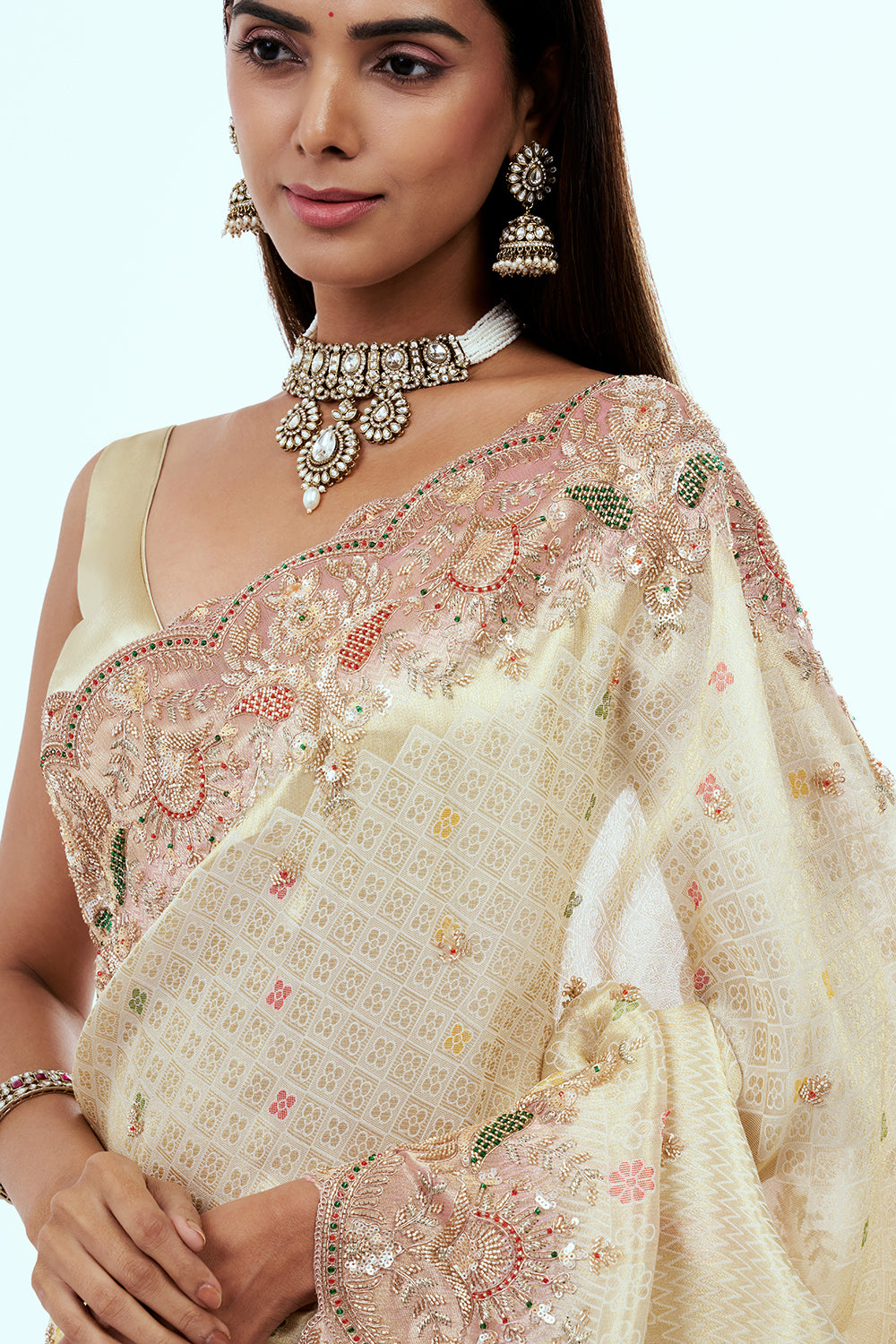 Cream Banarasi Silk Saree with Embellishments