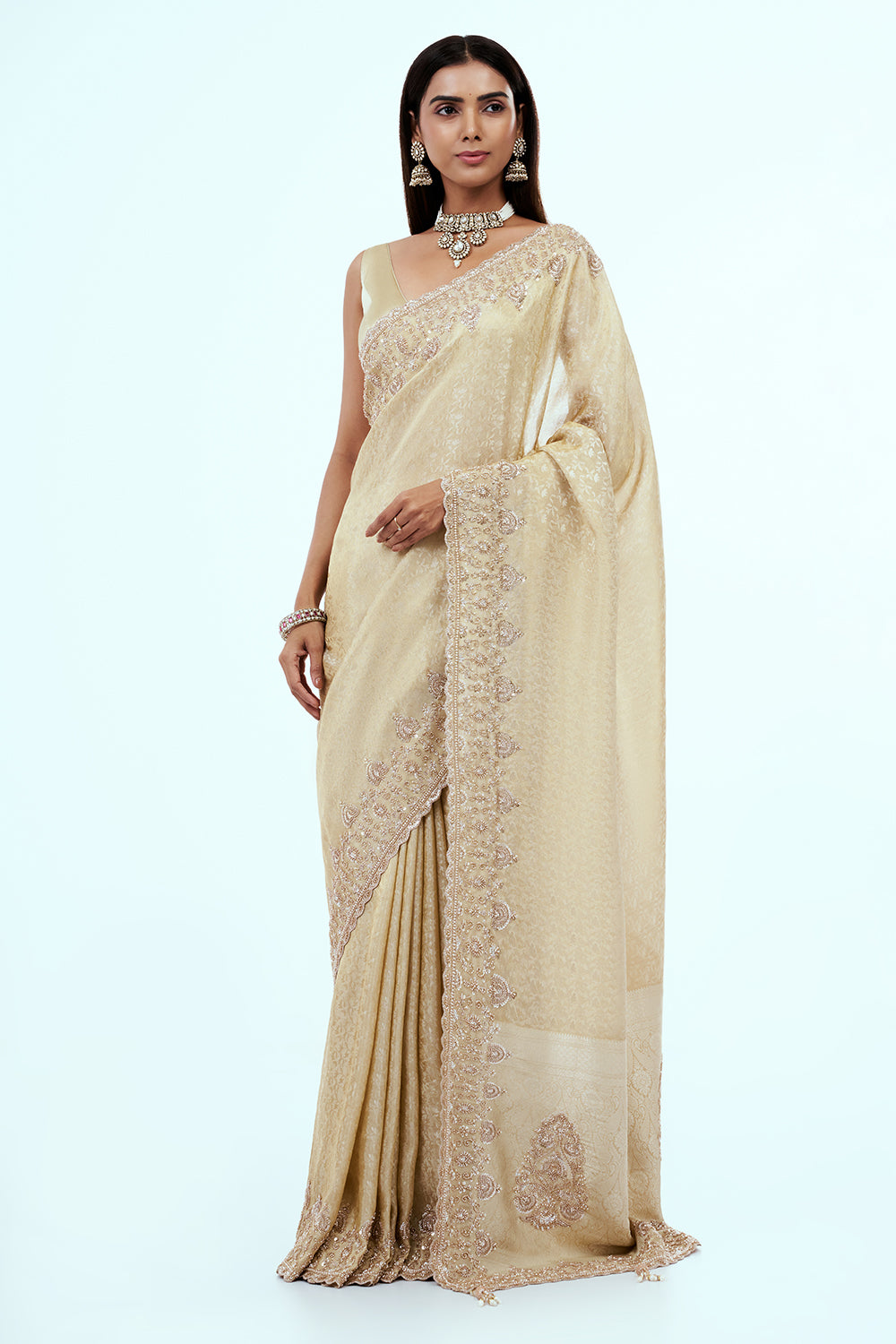 Cream Banarasi Silk Saree with Hand Embroidery