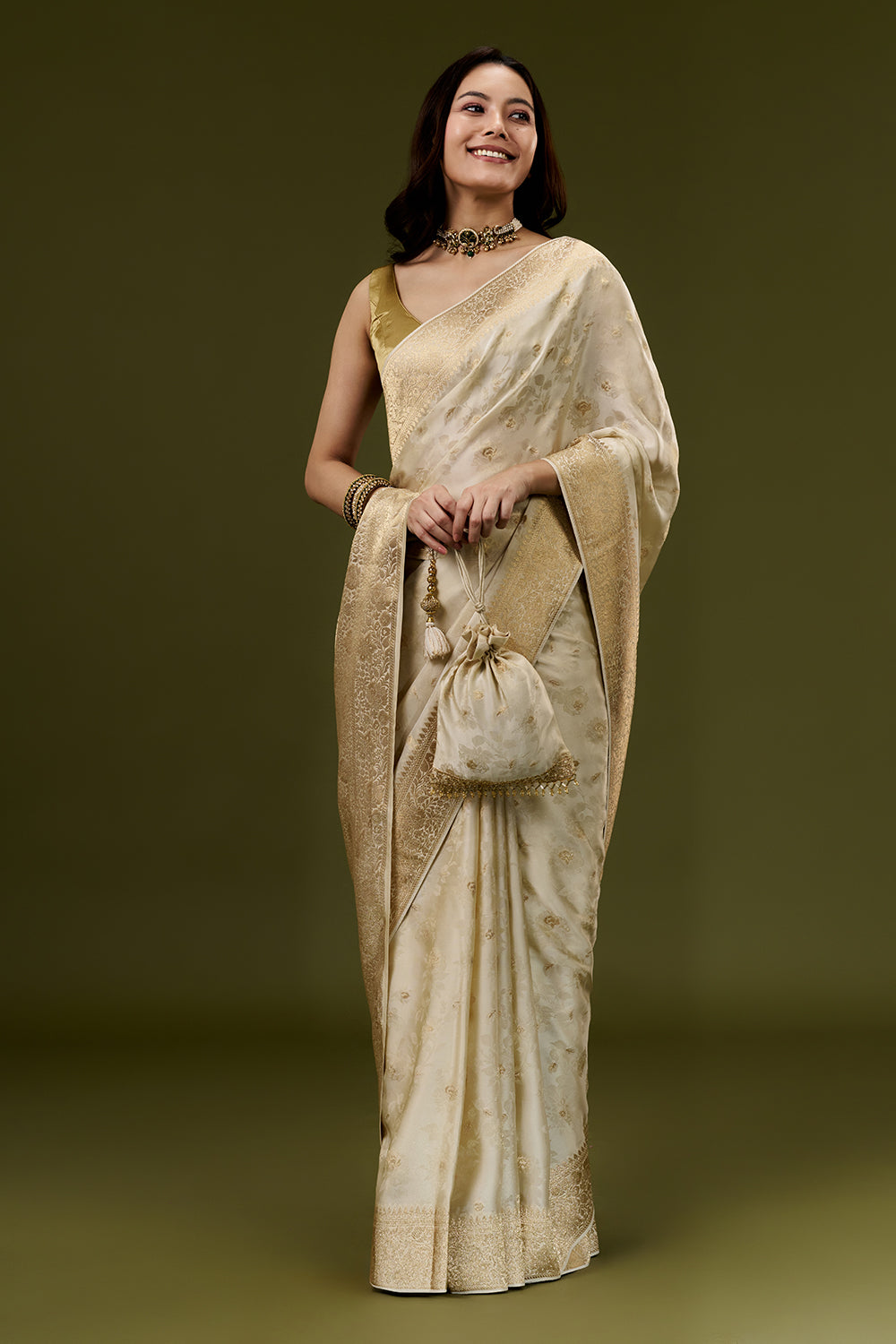 Cream Banarasi Silk Saree with Resham and Zari Embroidery