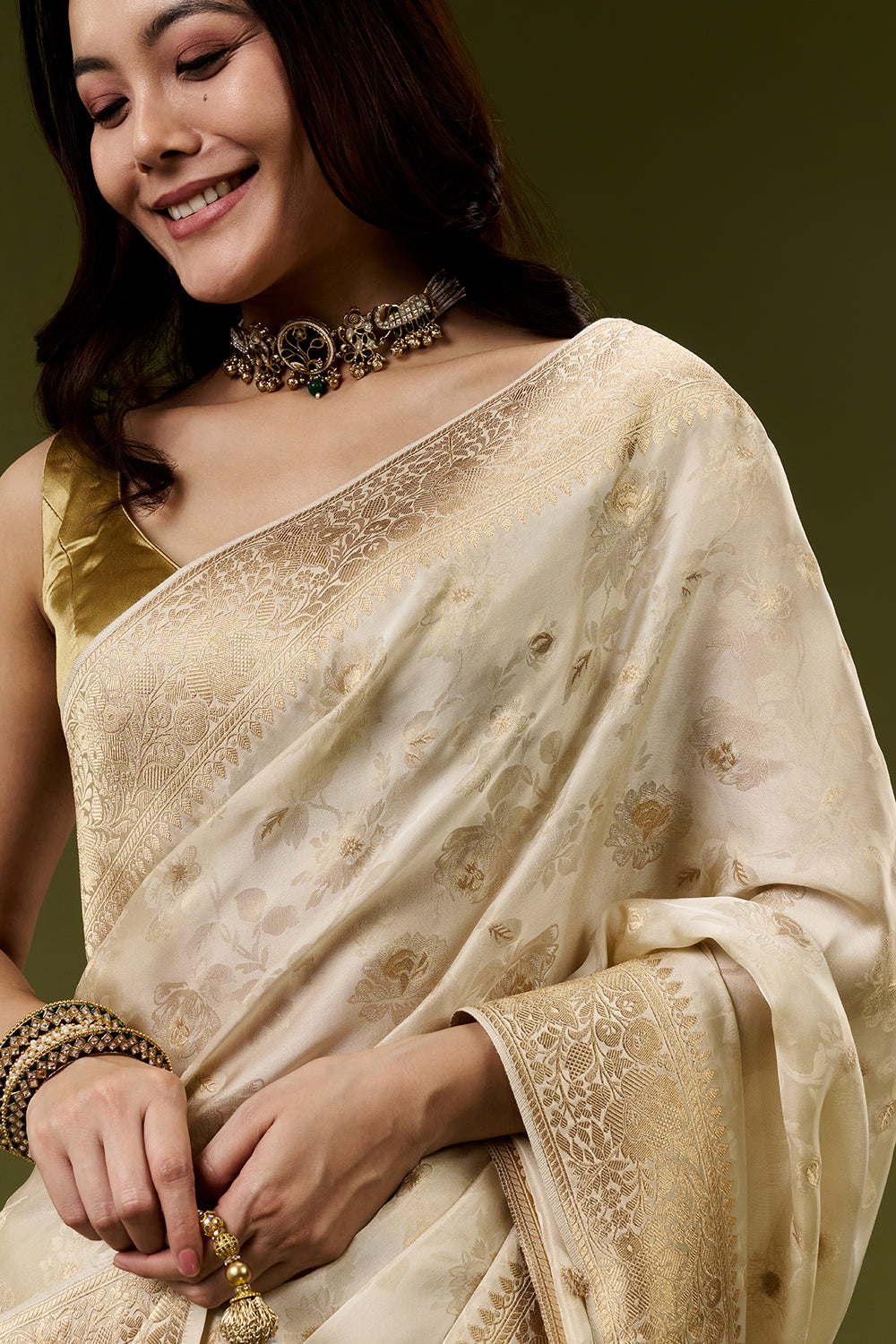 Cream Banarasi Silk Saree with Resham and Zari Embroidery