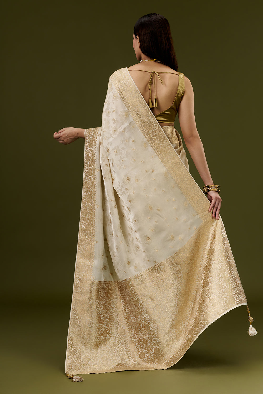Cream Banarasi Silk Saree with Resham and Zari Embroidery