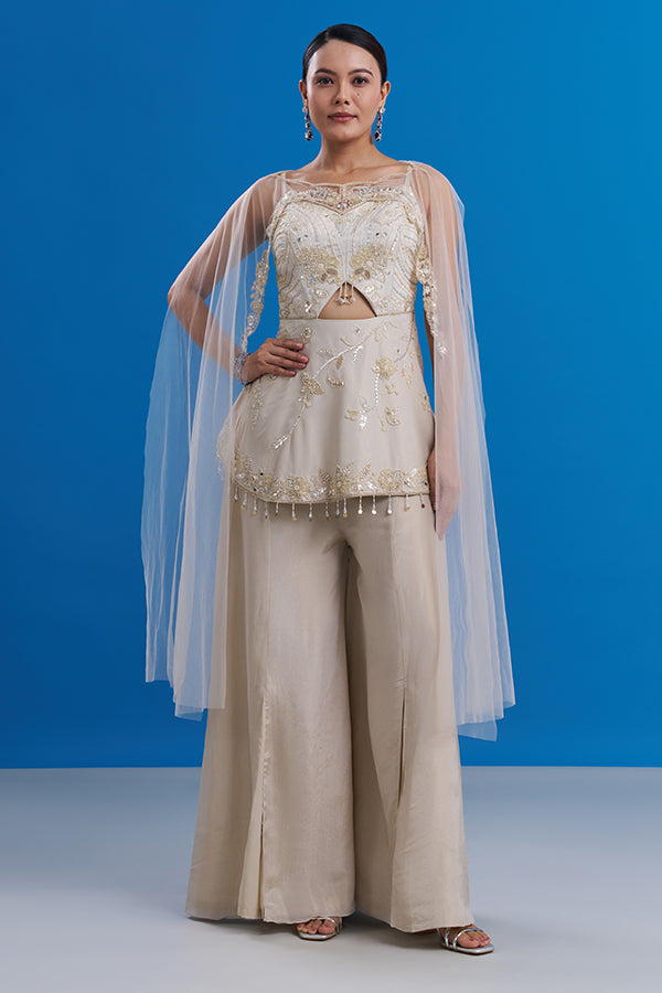 Cream Beige Shimmer Indo-Western Set with Mirror Embroidery