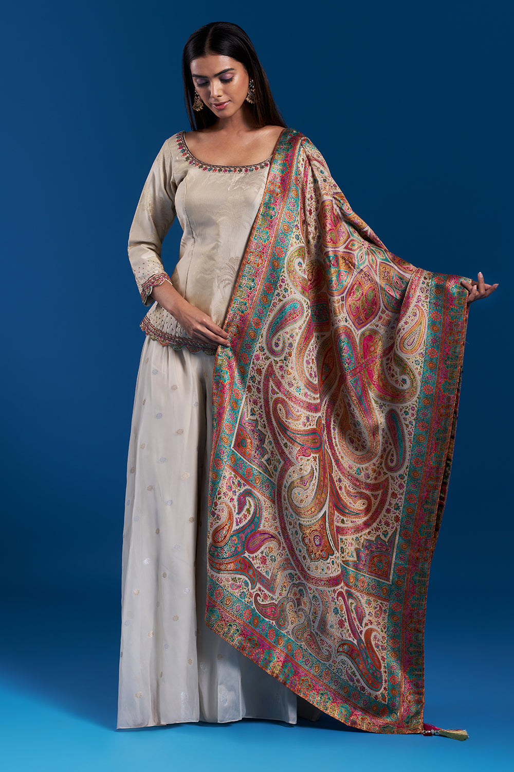 Cream Brocade Palazzo Set with Zardozi Work