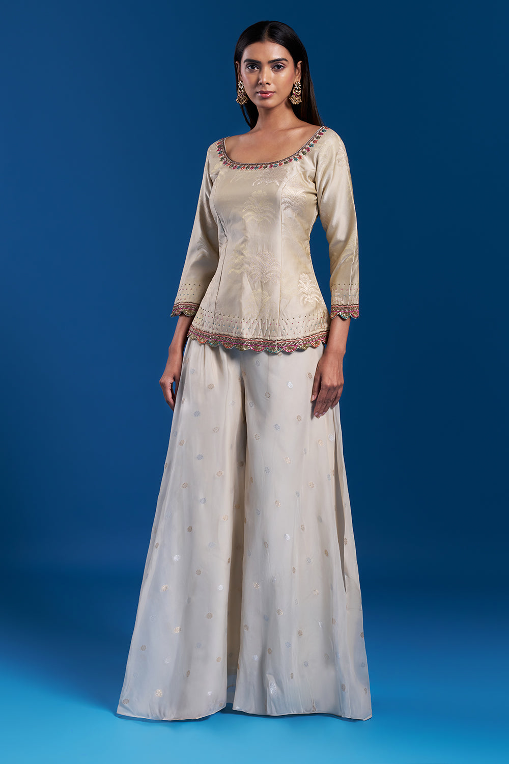 Cream Brocade Palazzo Set with Zardozi Work