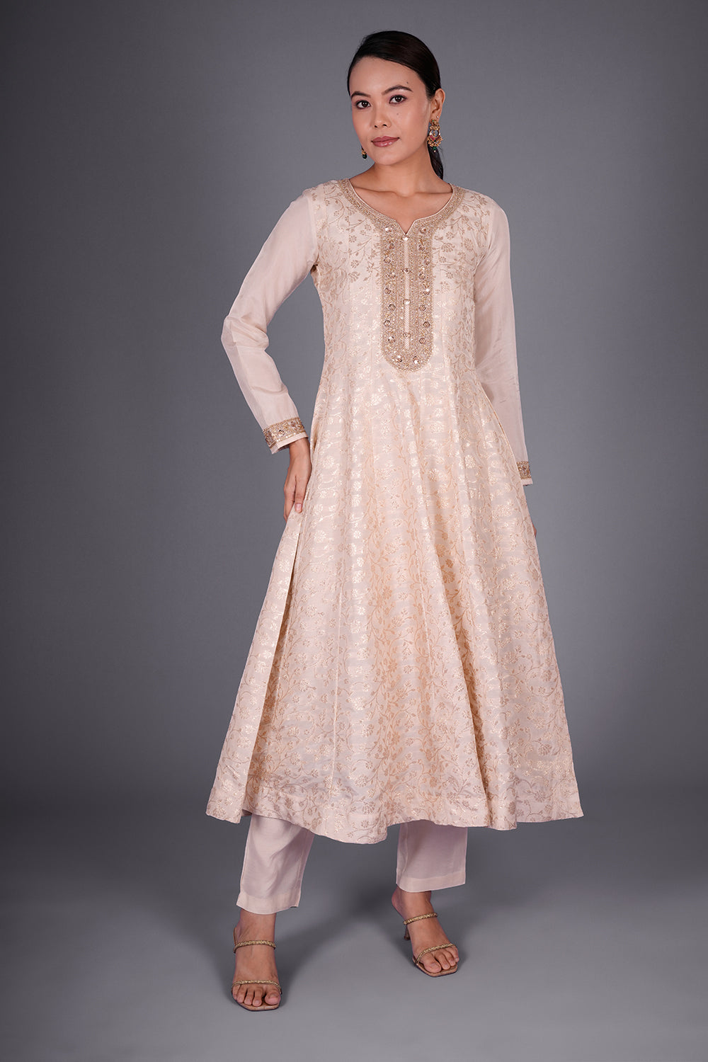 Cream Chanderi Banarasi Semi Anarkali Set with Gold Sequin Embroidery