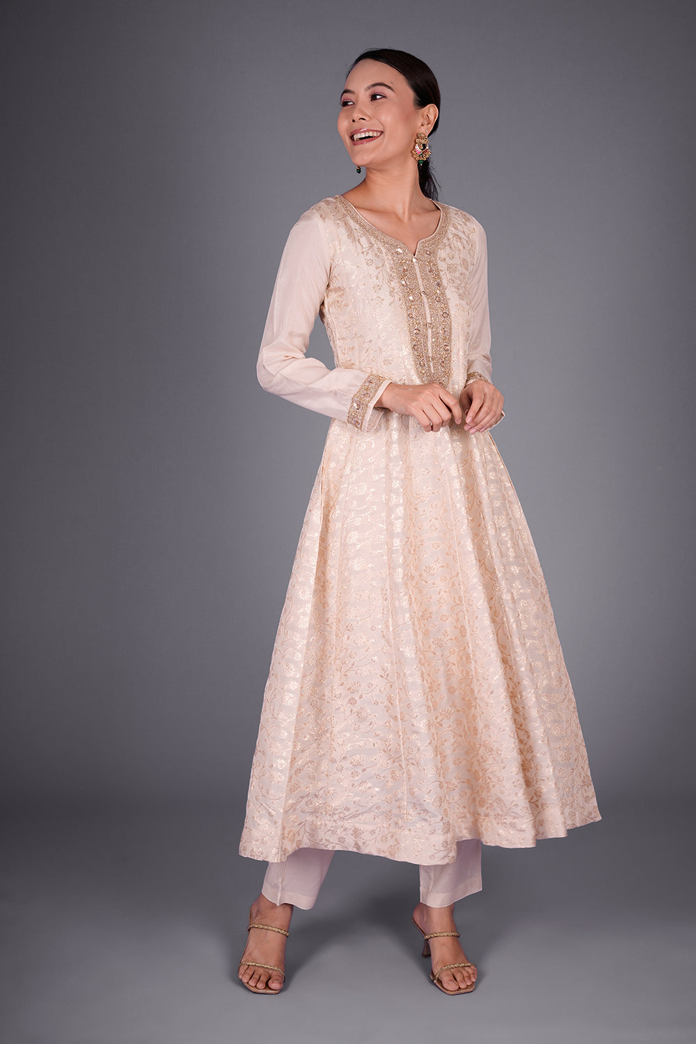 Cream Chanderi Banarasi Semi Anarkali Set with Gold Sequin Embroidery
