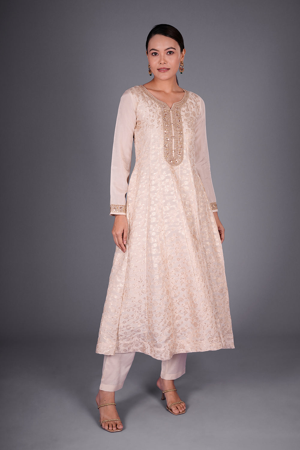 Cream Chanderi Banarasi Semi Anarkali Set with Gold Sequin Embroidery