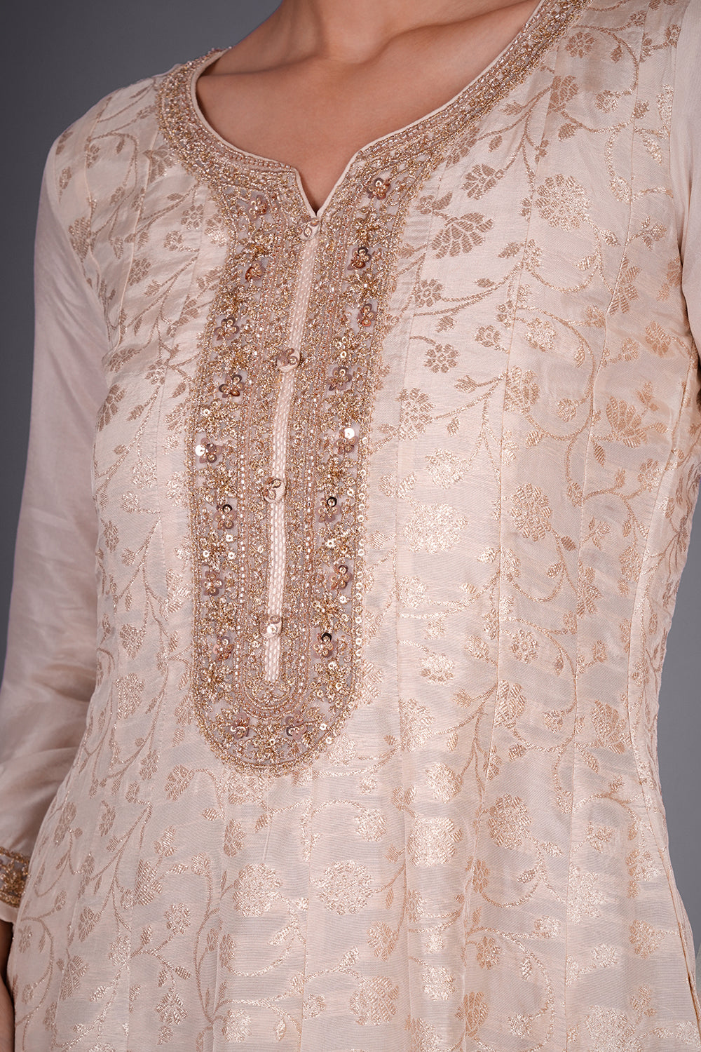 Cream Chanderi Banarasi Semi Anarkali Set with Gold Sequin Embroidery