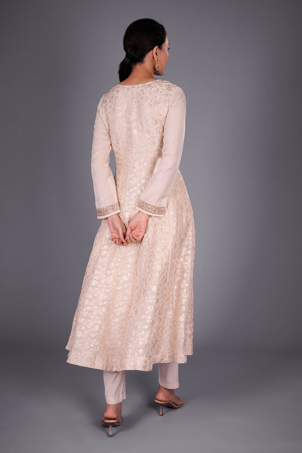 Cream Chanderi Banarasi Semi Anarkali Set with Gold Sequin Embroidery