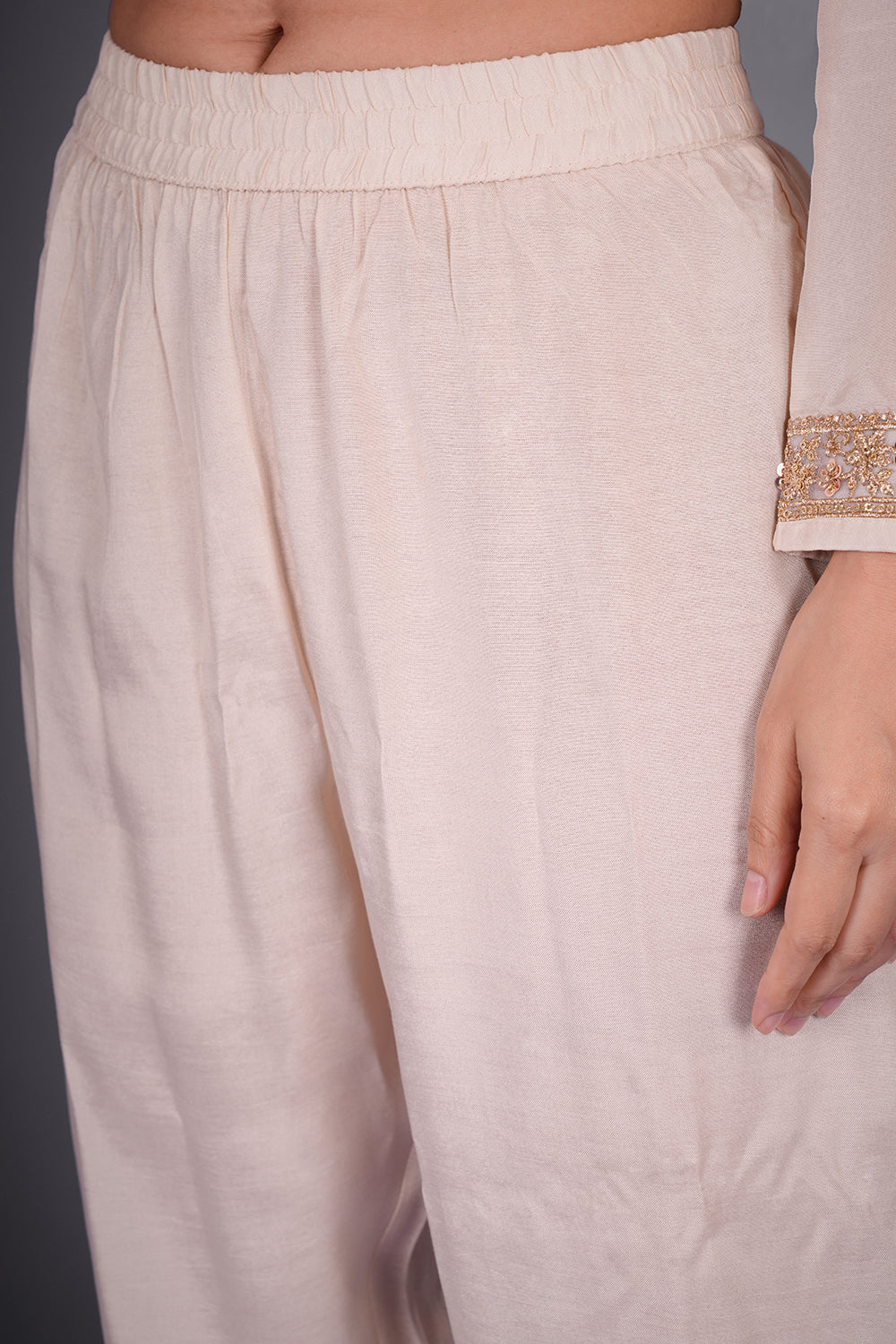 Cream Chanderi Banarasi Semi Anarkali Set with Gold Sequin Embroidery