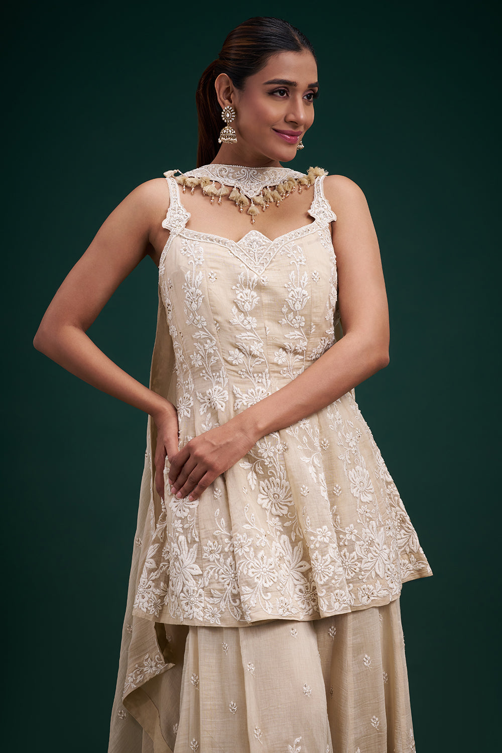 Cream Chanderi Cotton Indo-Western Suit with Resham Work