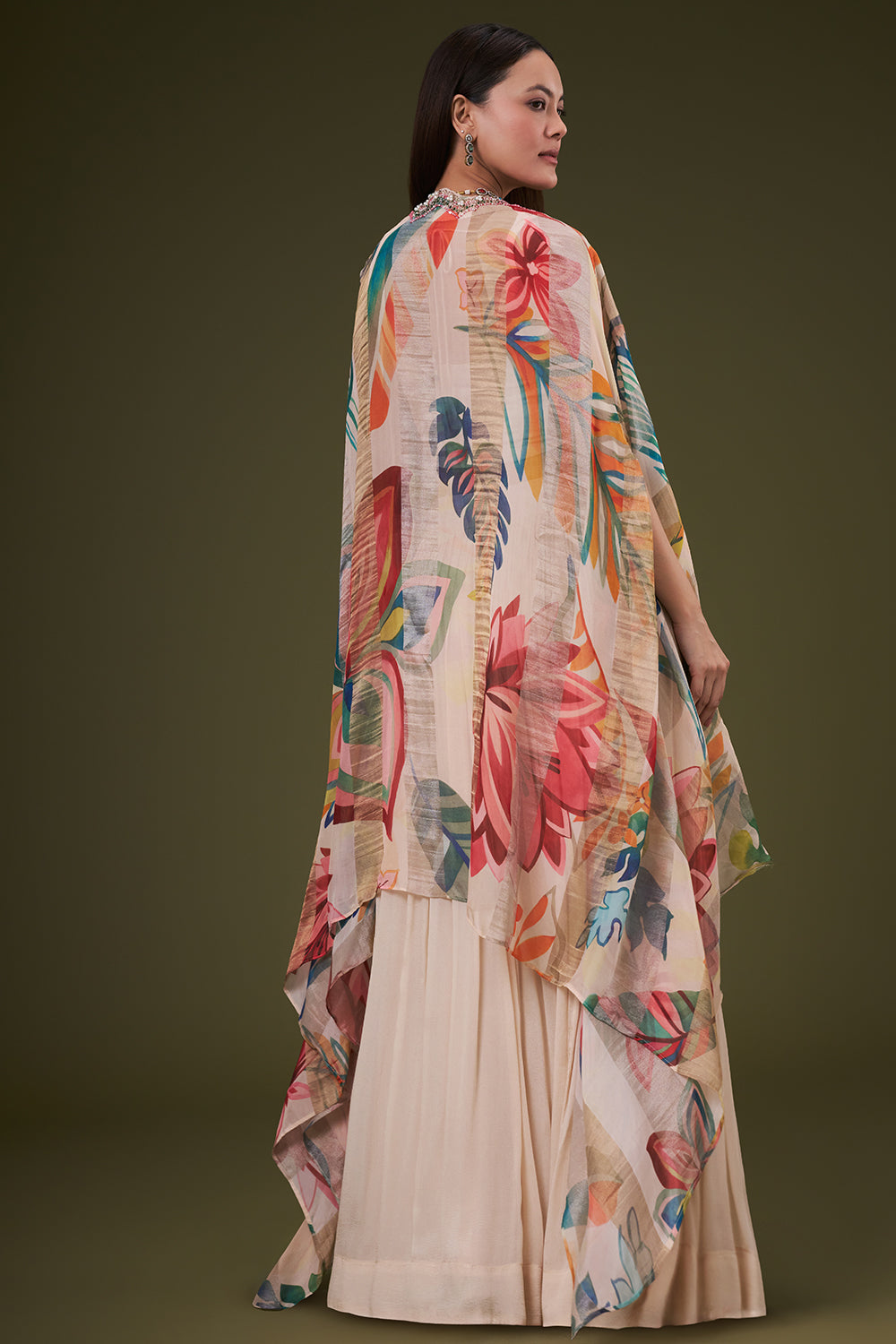 Cream Chinon Crop Top Skirt Set with Resham and Zardosi Work