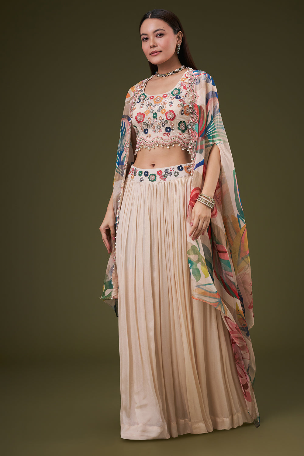 Cream Chinon Crop Top Skirt Set with Resham and Zardosi Work