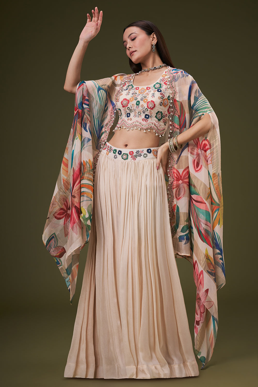 Cream Chinon Crop Top Skirt Set with Resham and Zardosi Work
