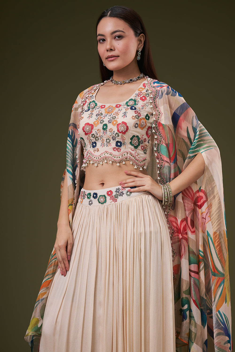 Cream Chinon Crop Top Skirt Set with Resham and Zardosi Work