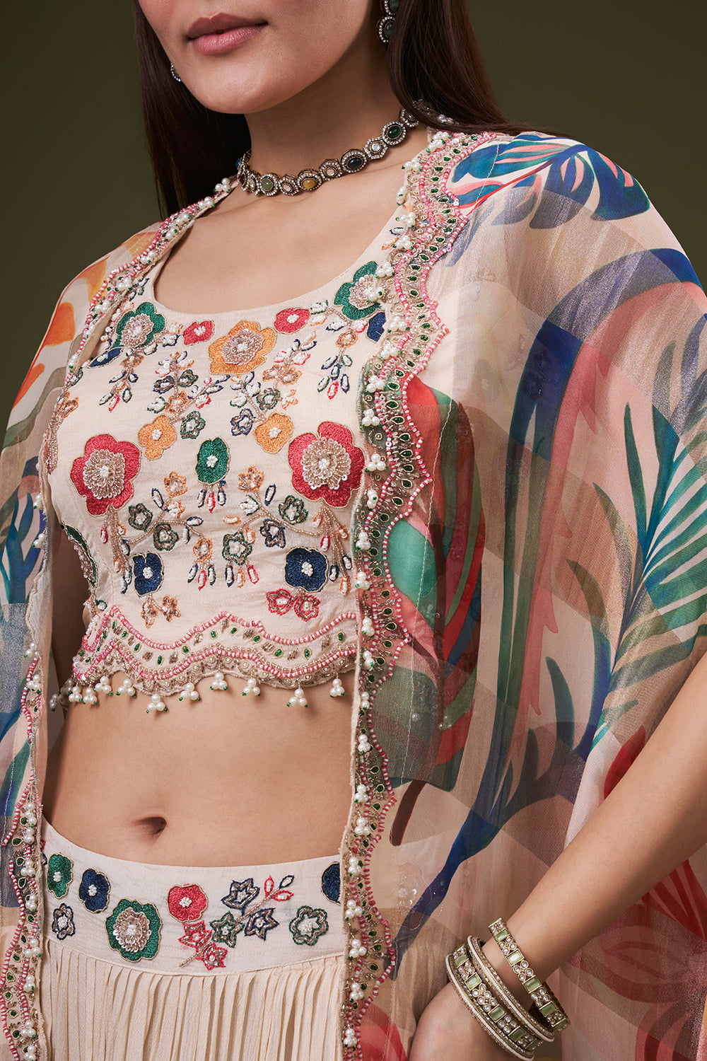 Cream Chinon Crop Top Skirt Set with Resham and Zardosi Work