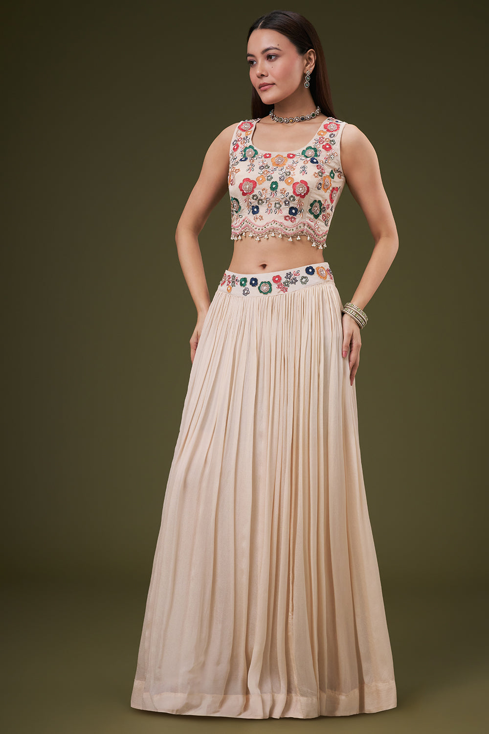 Cream Chinon Crop Top Skirt Set with Resham and Zardosi Work
