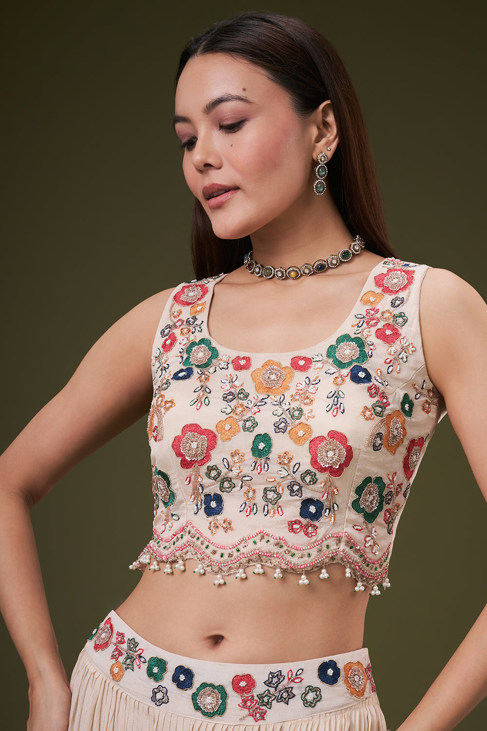 Cream Chinon Crop Top Skirt Set with Resham and Zardosi Work